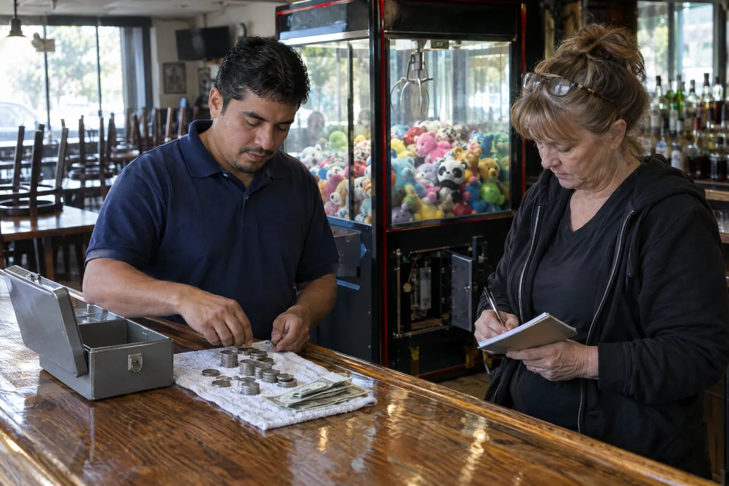 A route operator counts a claw machine's coins and bills on the bar as the bar manager logs the total for their revenue share
