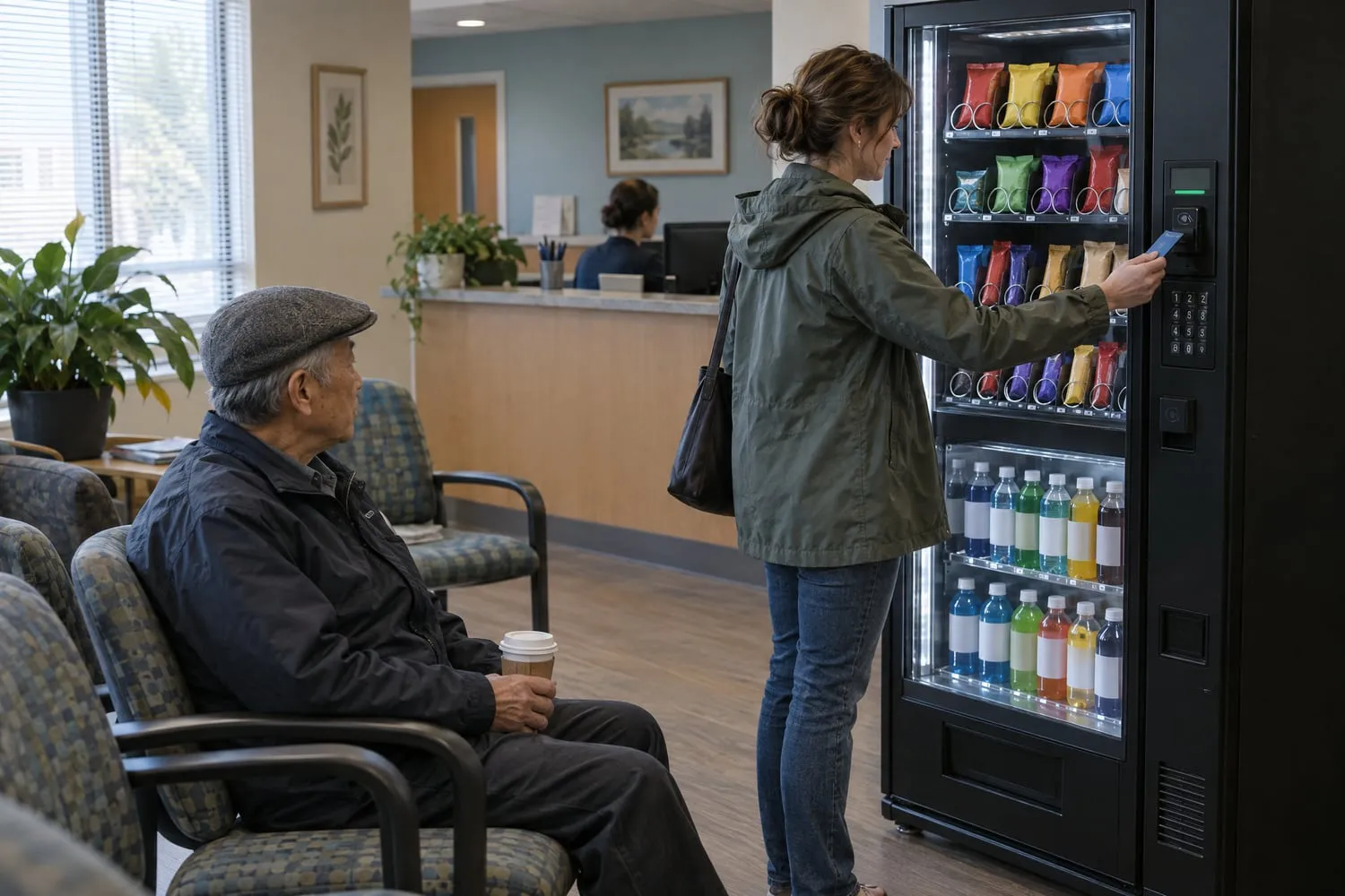 A woman taps her phone on the card reader of a combo snack and drink vending machine in a clinic waiting room