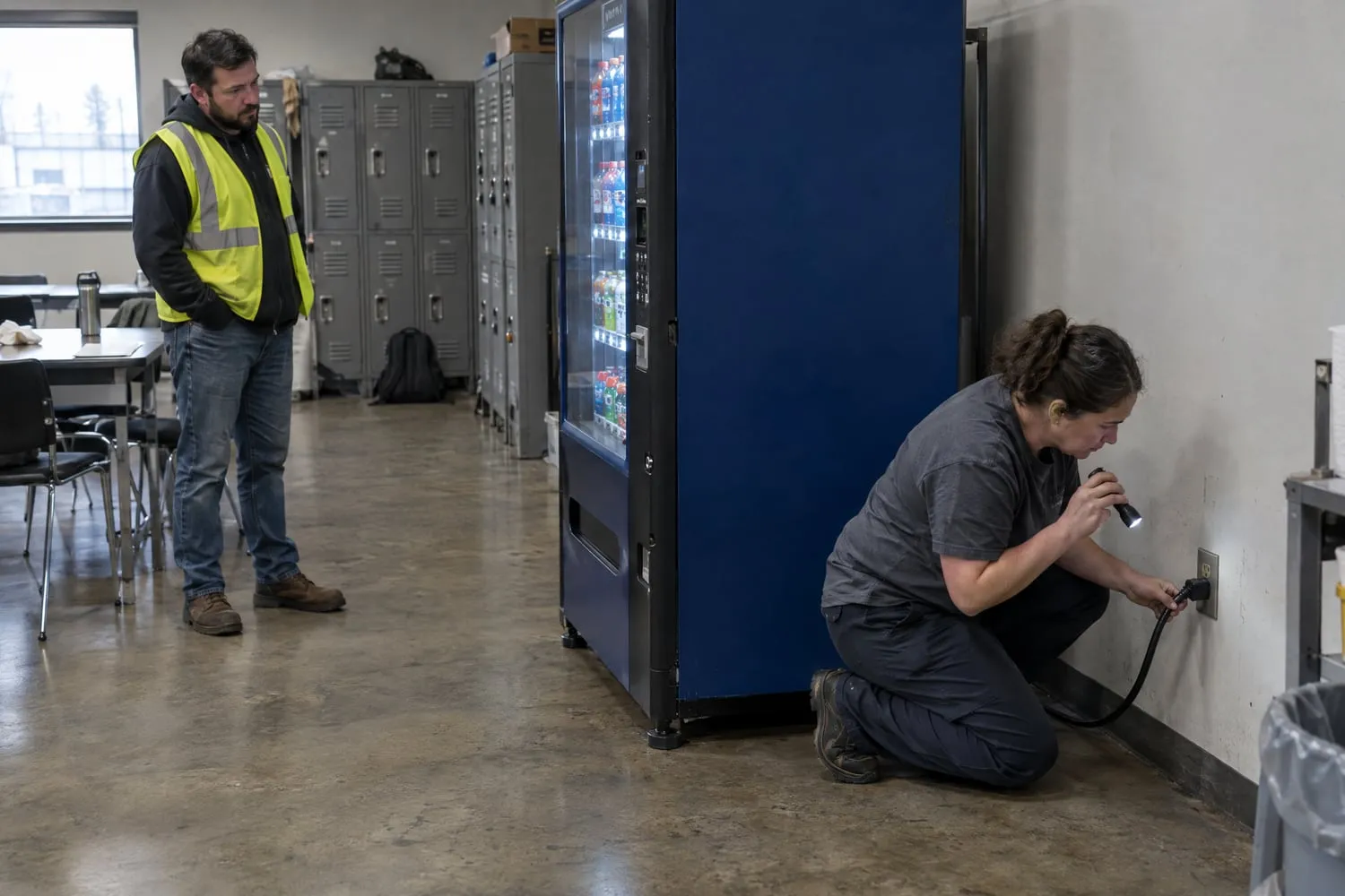 A service technician checks a drink machine's power cord at the wall outlet in a warehouse break room