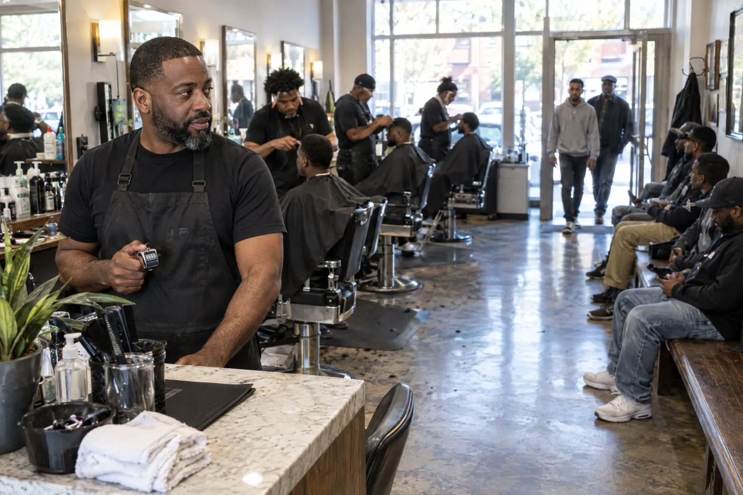 A barbershop owner clicks a handheld tally counter at the front counter as customers walk in and barbers work behind him