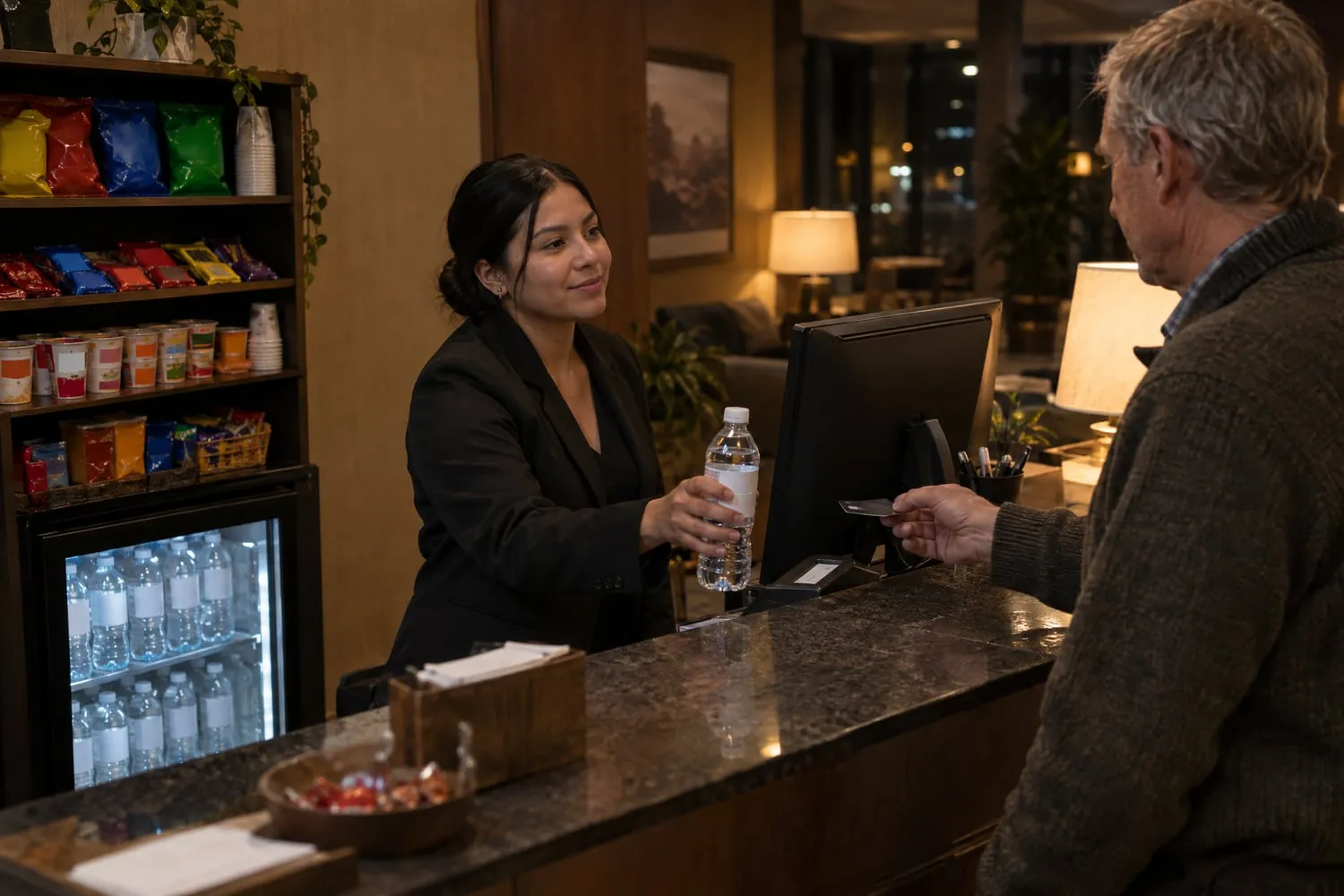 A night desk agent hands a guest a bottle of water from a small snack pantry beside the front desk of a hotel lobby