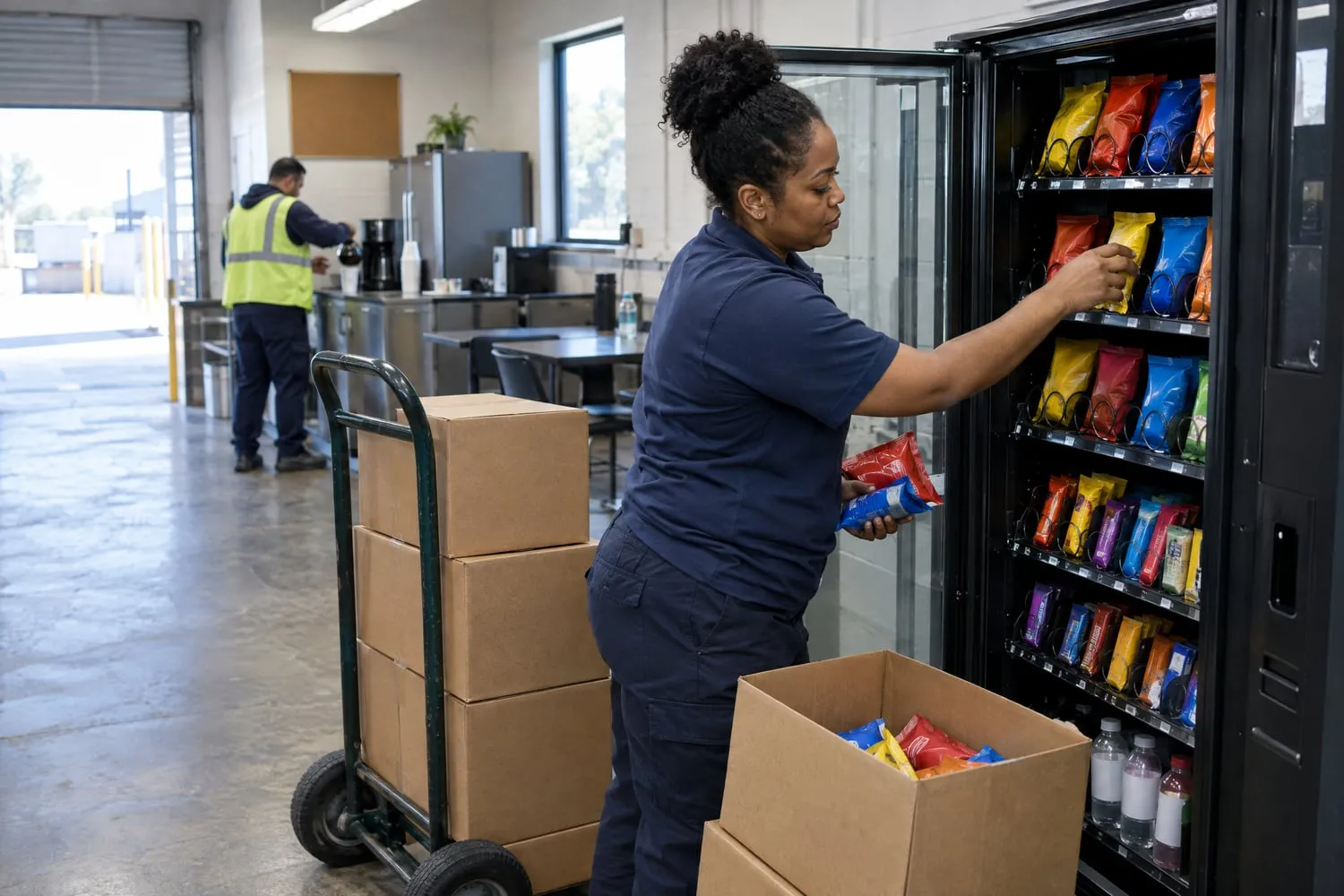 A vending route technician loads bags of chips onto the spiral coils of an open snack machine in a warehouse break room