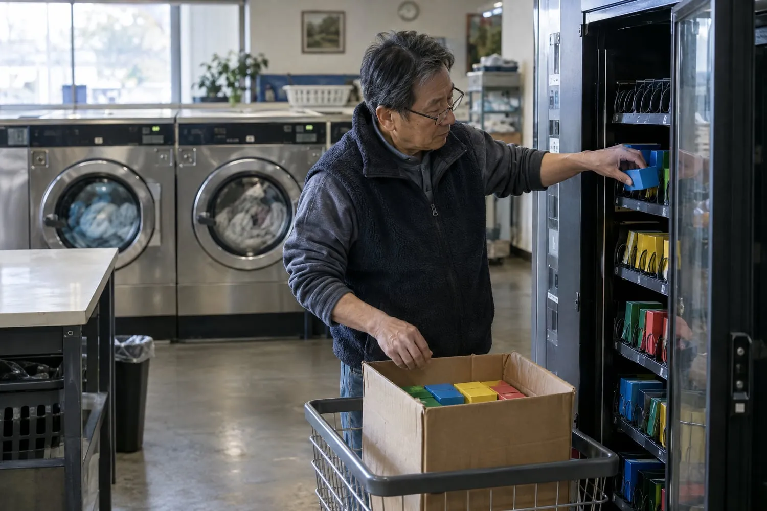 A laundromat owner restocks a laundry supply vending machine with single-use detergent boxes from a carton on a cart