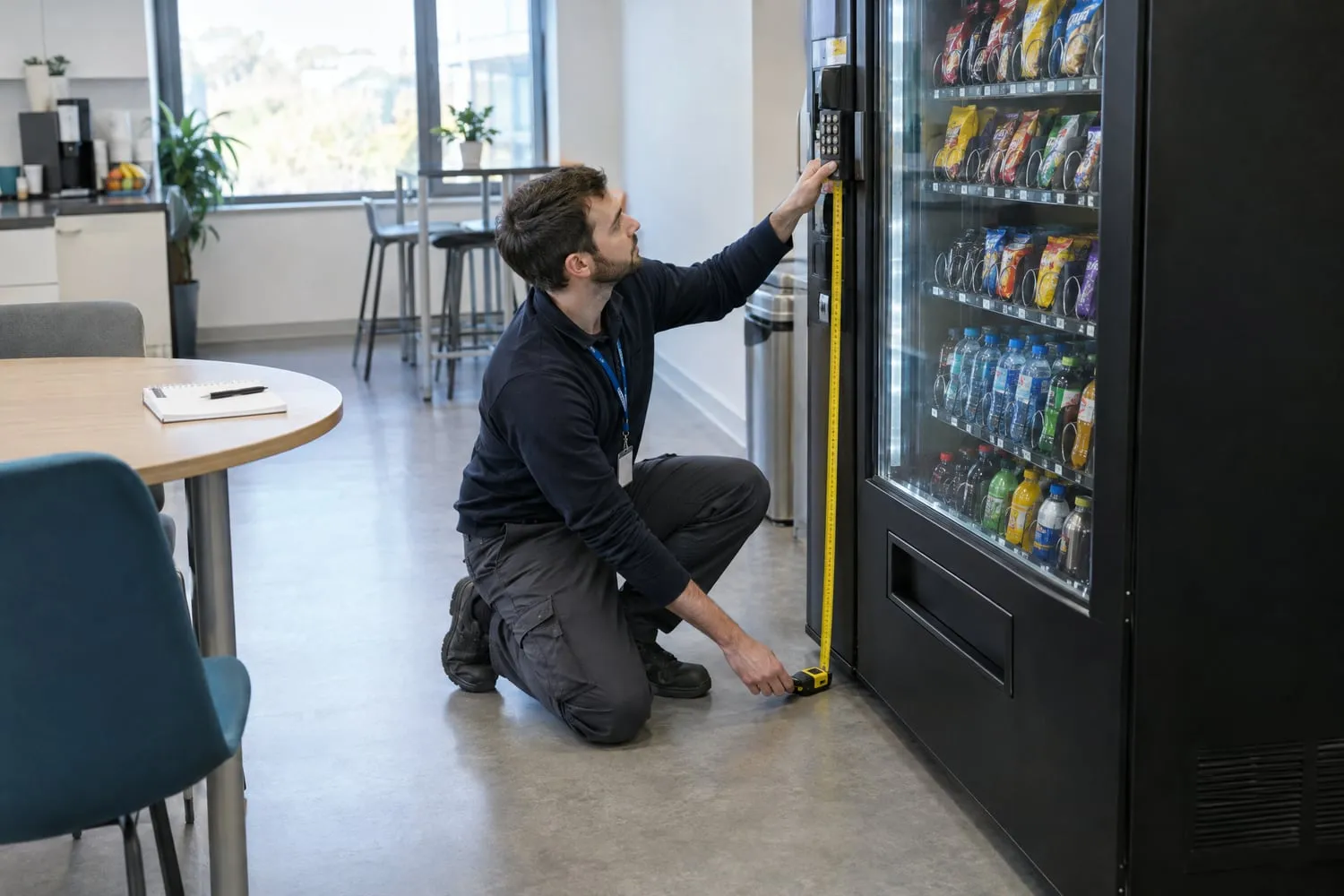 A facilities manager kneels and measures the height of a vending machine's payment controls with a tape measure
