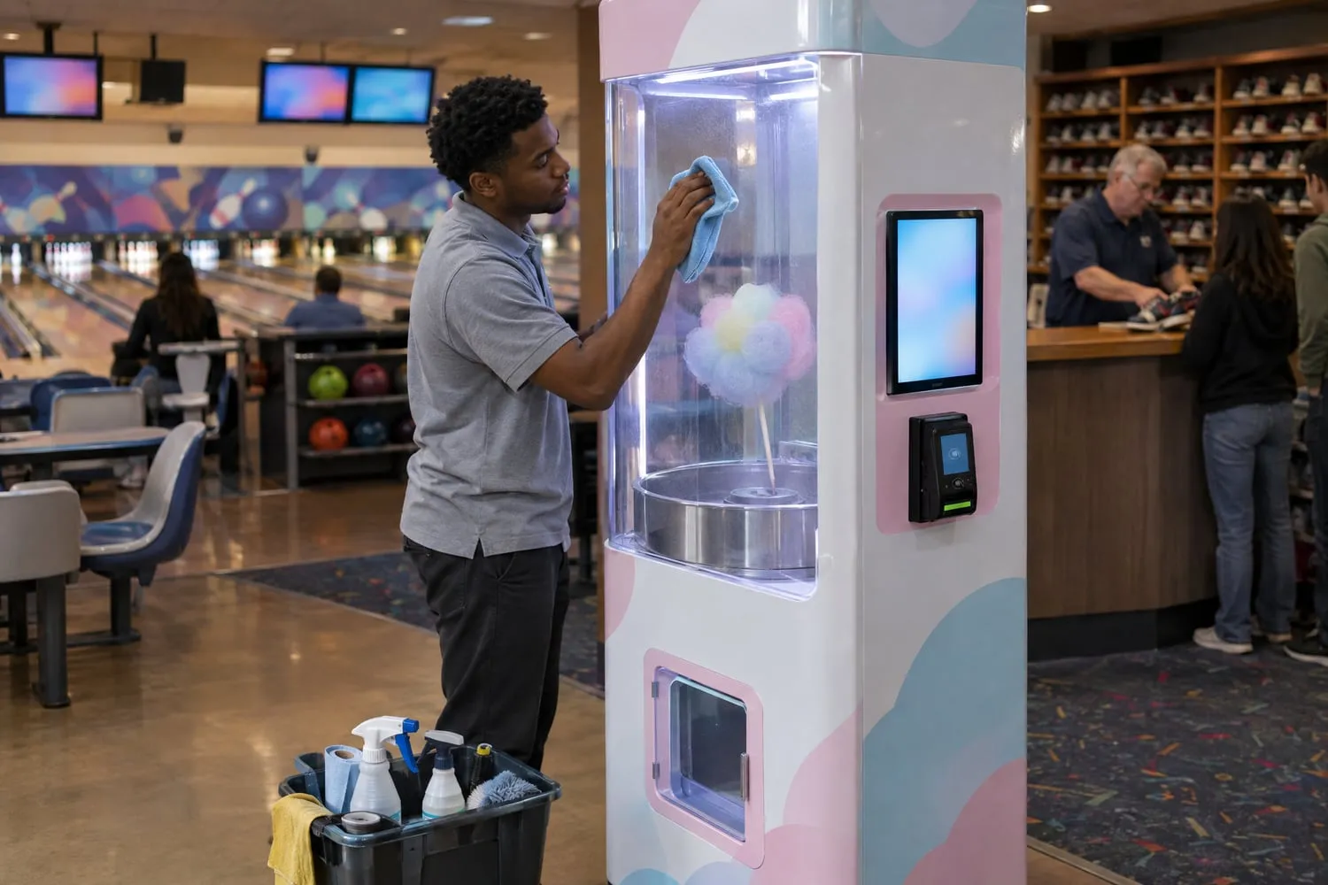 An operator's technician wipes the window of a cotton candy vending kiosk in a bowling alley as the owner serves customers