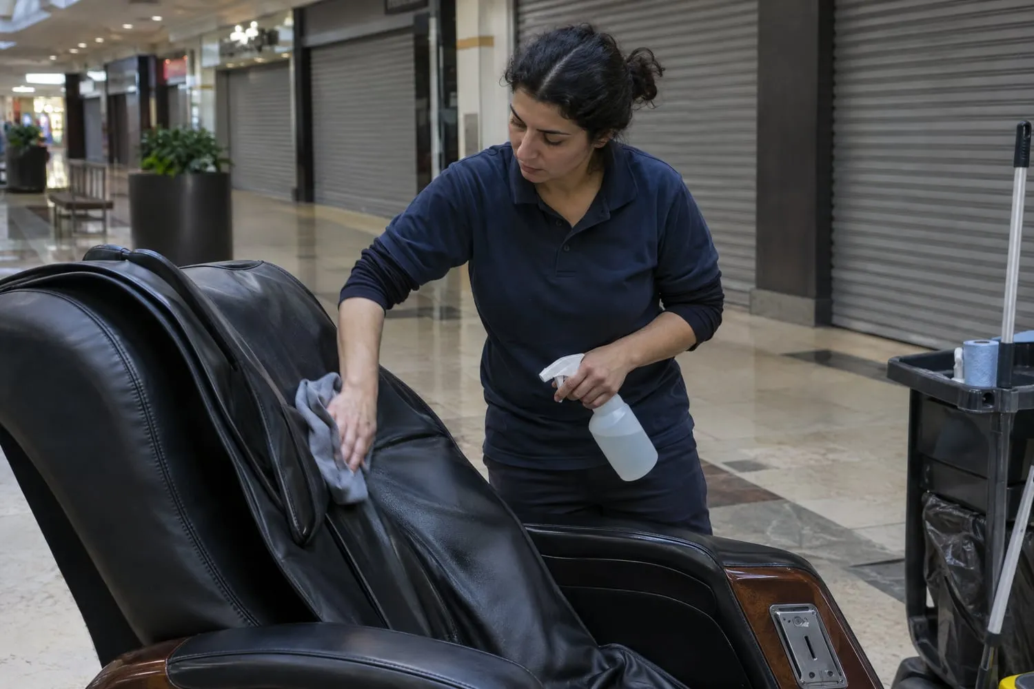 A mall employee wipes down the synthetic leather seat of a commercial massage chair with a cloth and a spray bottle