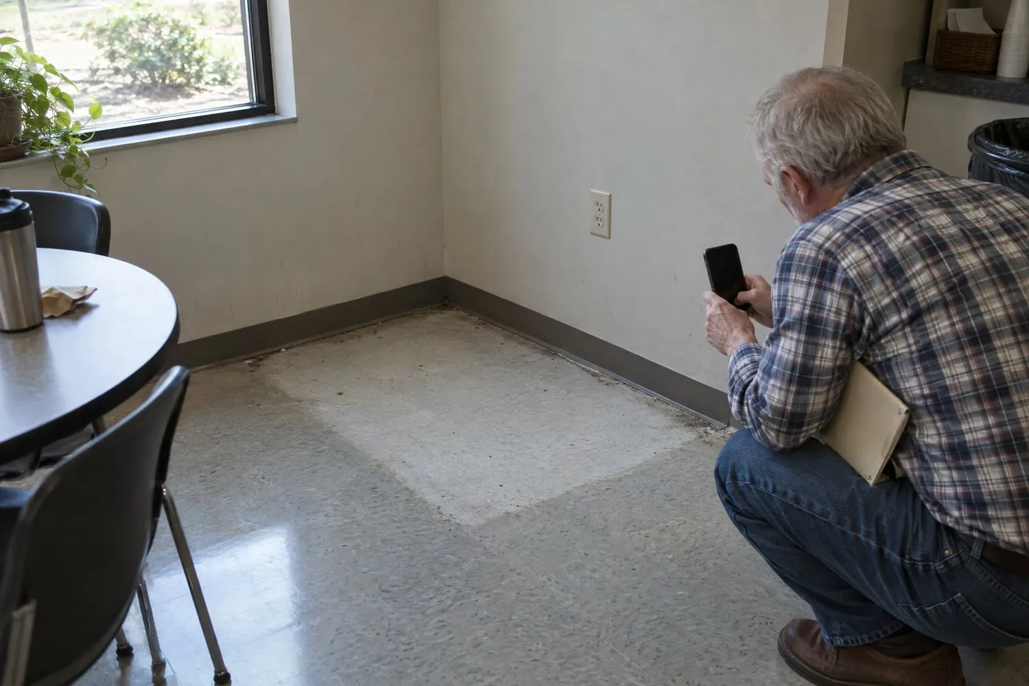 A business owner crouches to photograph the bare floor and wall outlet where a vending machine stood in a break room
