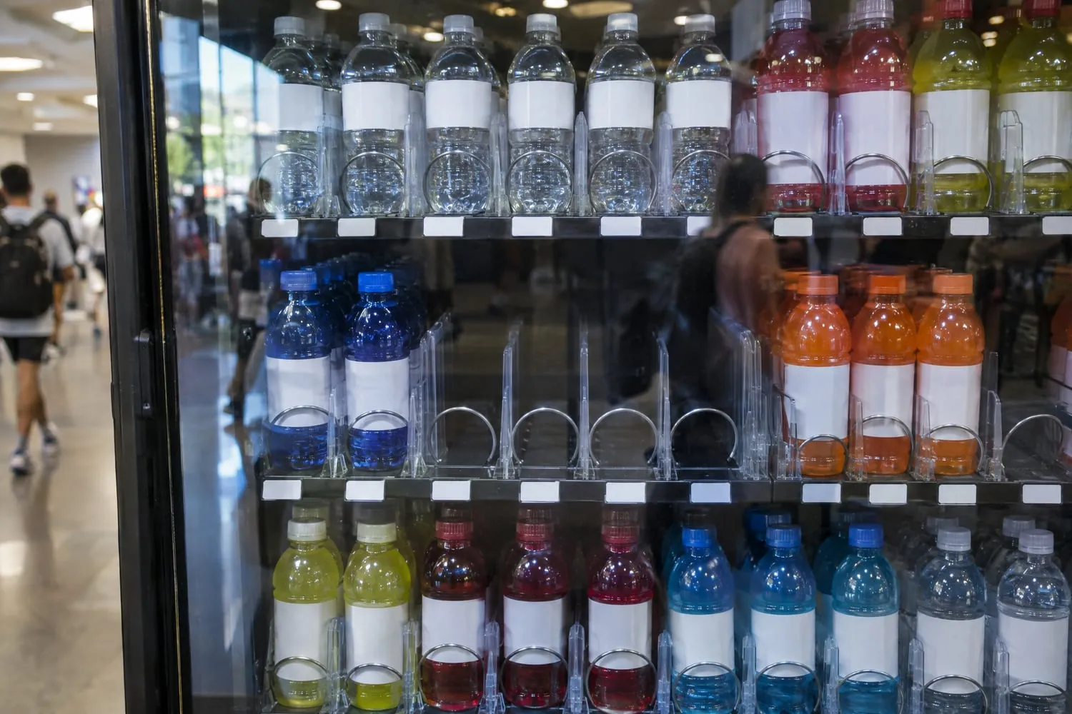 Close view of a drink vending machine with most selections full and several favorites in the middle row sold out