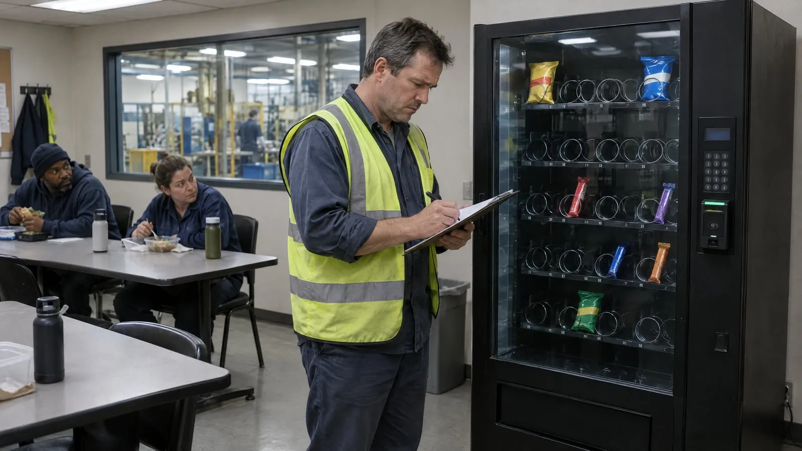 A plant manager in a hi-vis vest logs a mostly empty snack machine the vending company has not restocked in a break room