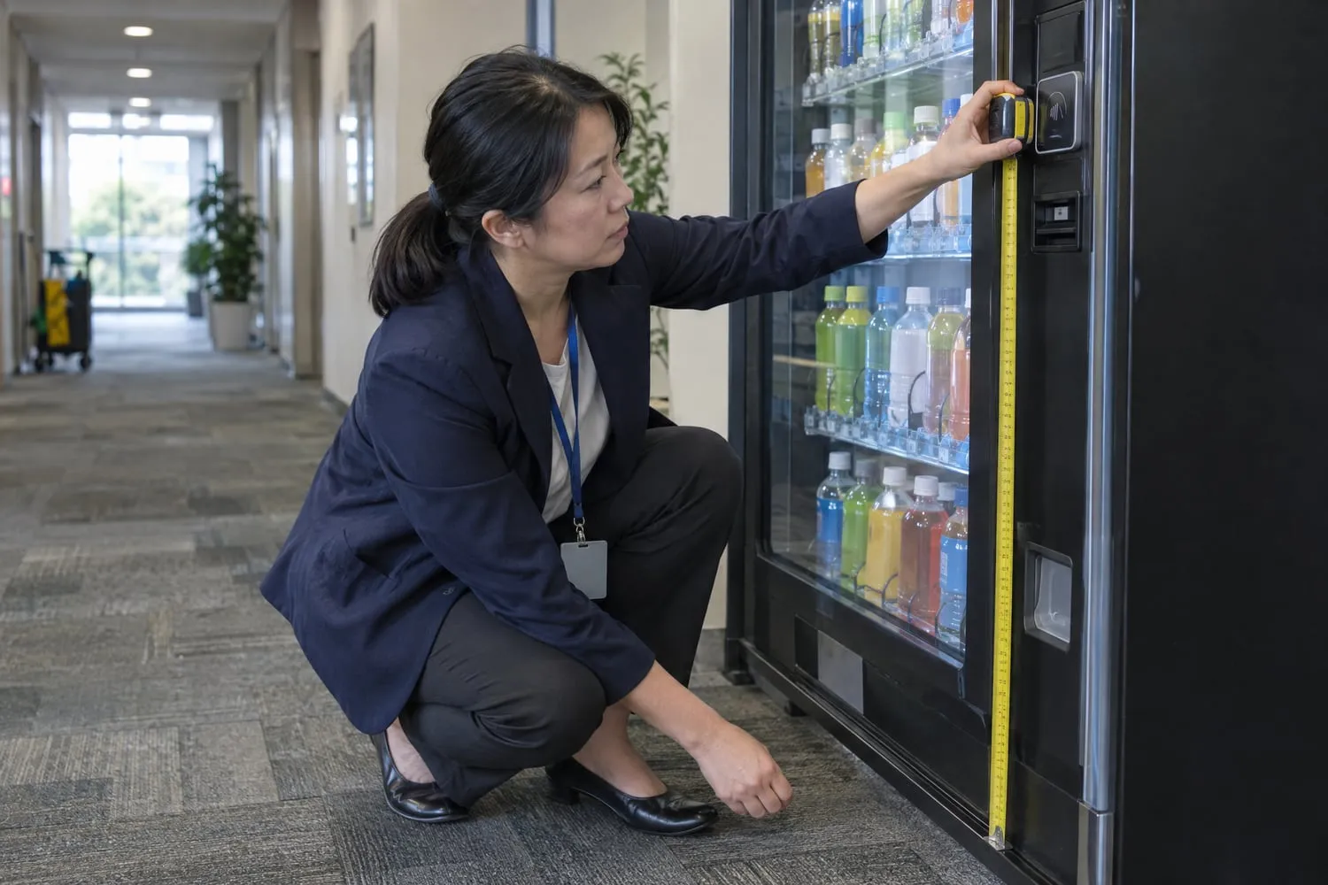 A facilities manager crouches beside a drink vending machine and holds a tape measure from the floor up to the card reader