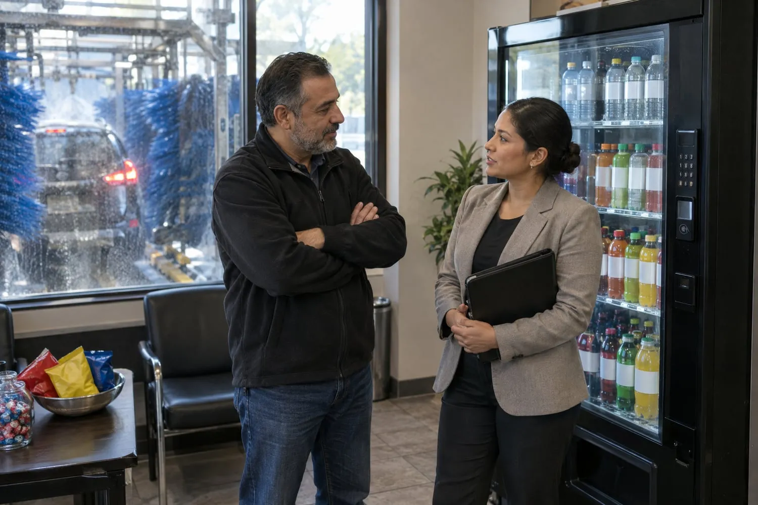 A car wash owner with folded arms talks with a vending company representative beside a drink machine in the waiting lounge
