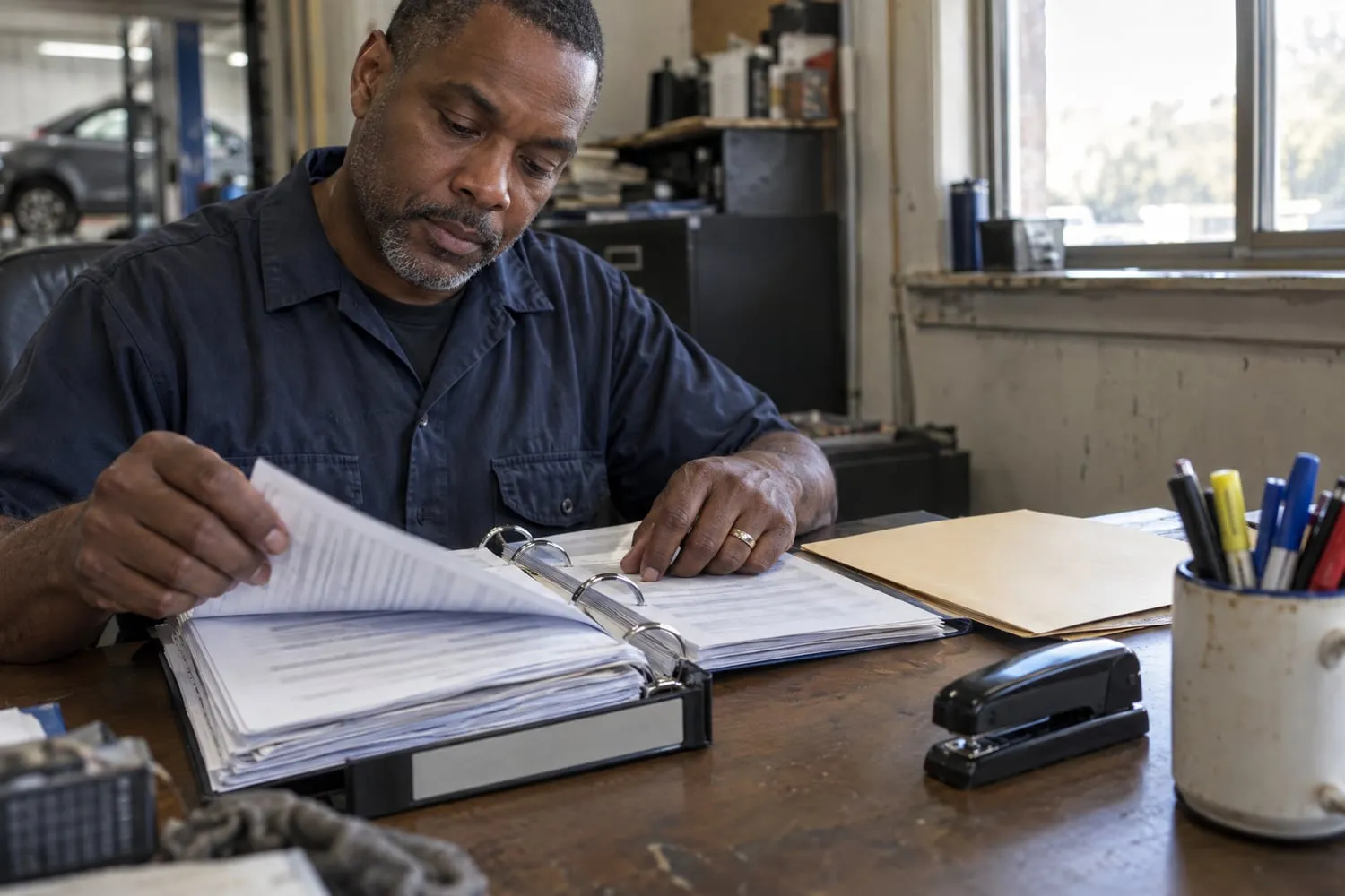 An auto body shop owner pages through a thick binder of monthly vending commission statements at a cluttered desk