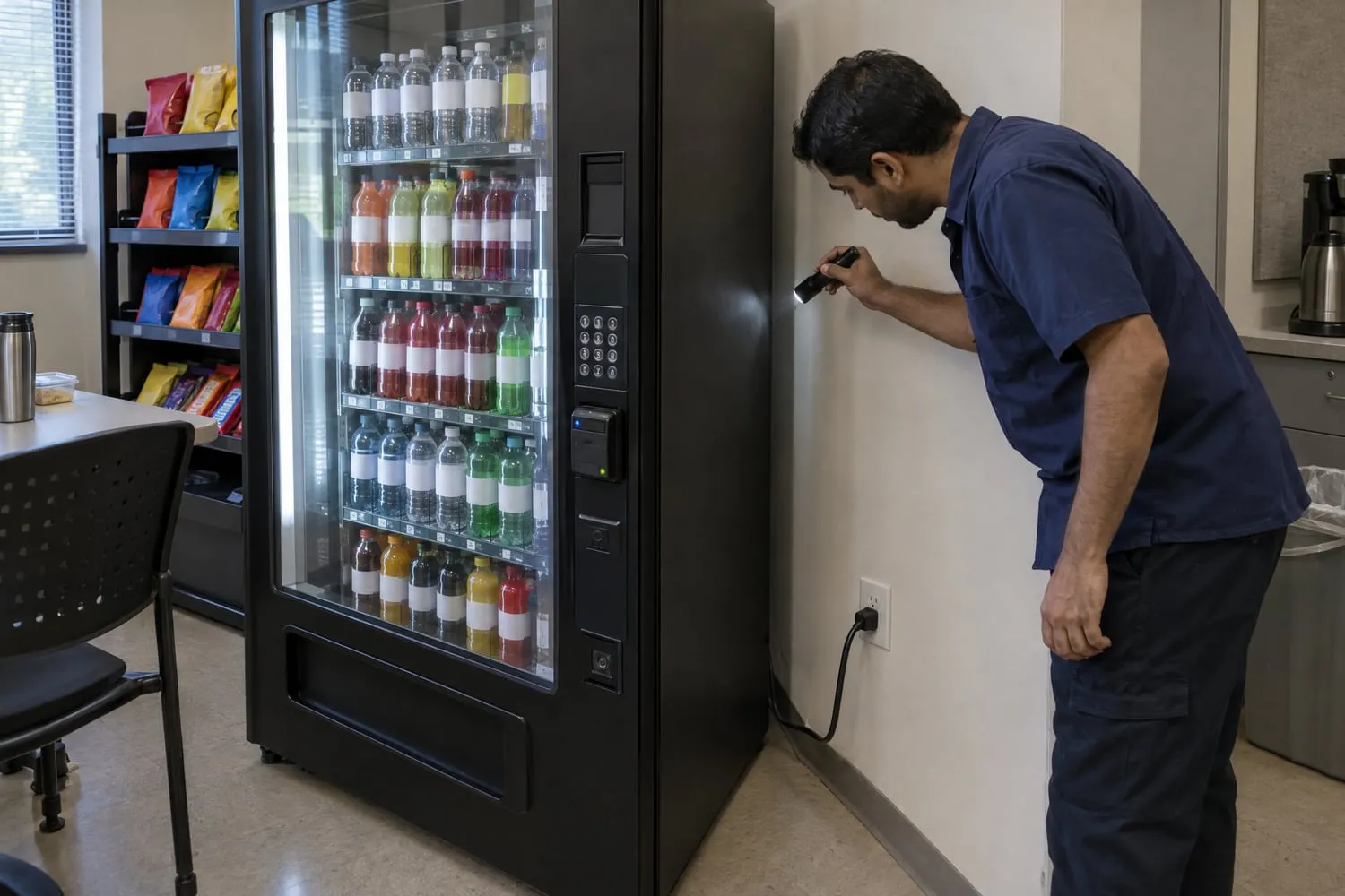 A facilities supervisor shines a flashlight along a drink vending machine to check the clearance behind it in a break room
