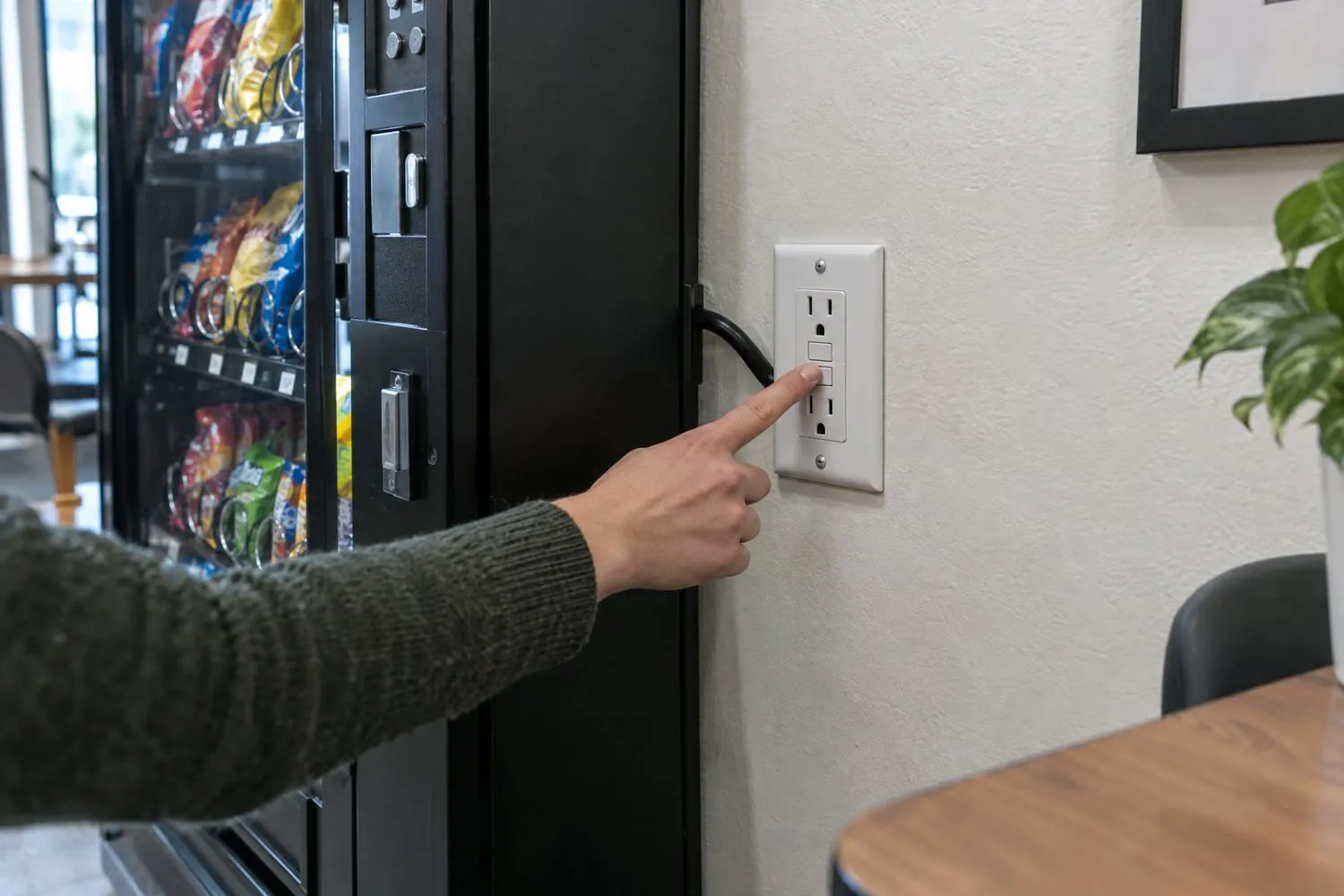 A hand presses the test button on a ground-fault receptacle mounted on the wall beside a snack vending machine