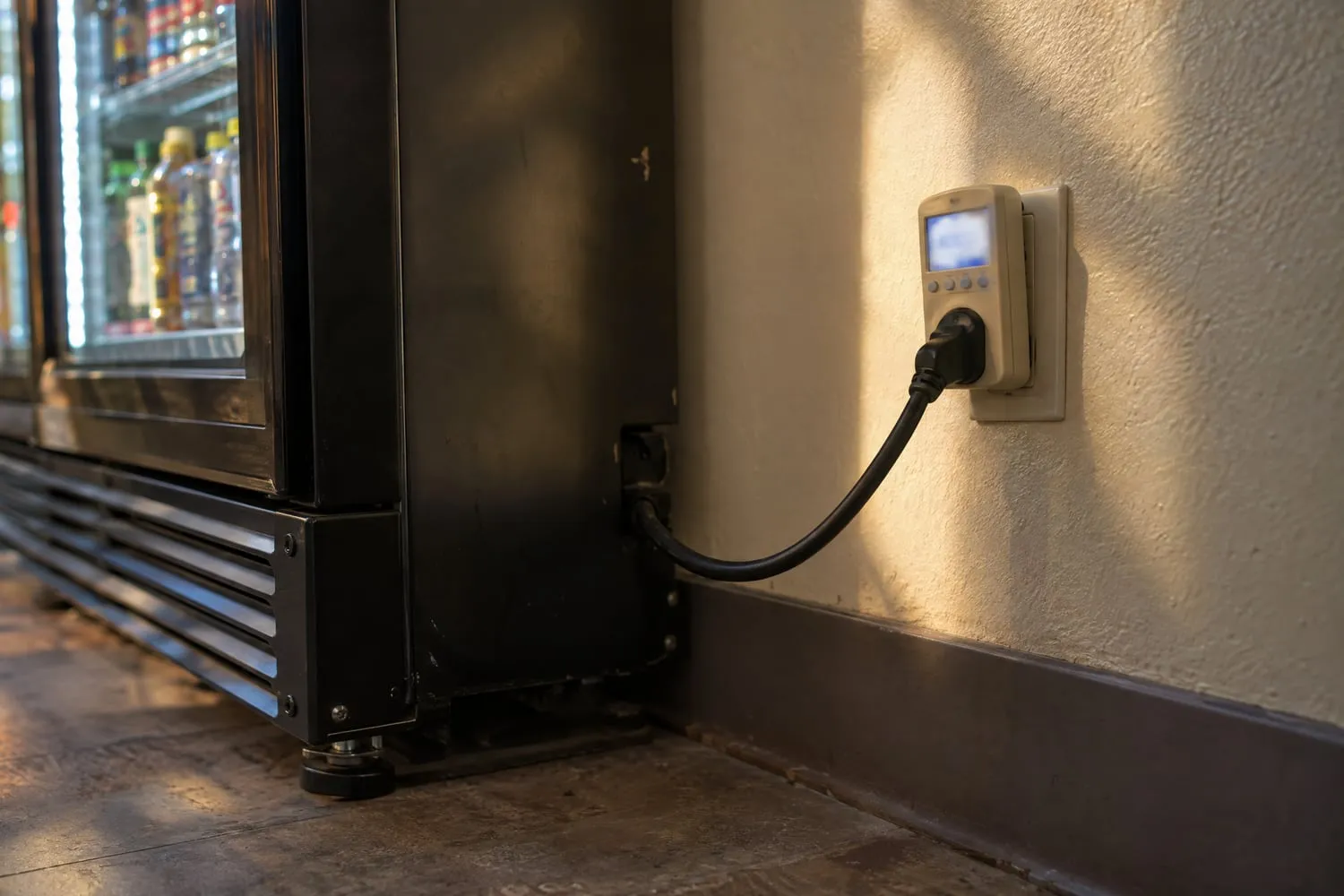 A plug-in electricity usage meter sits between a vending machine's power cord and a wall outlet at floor level
