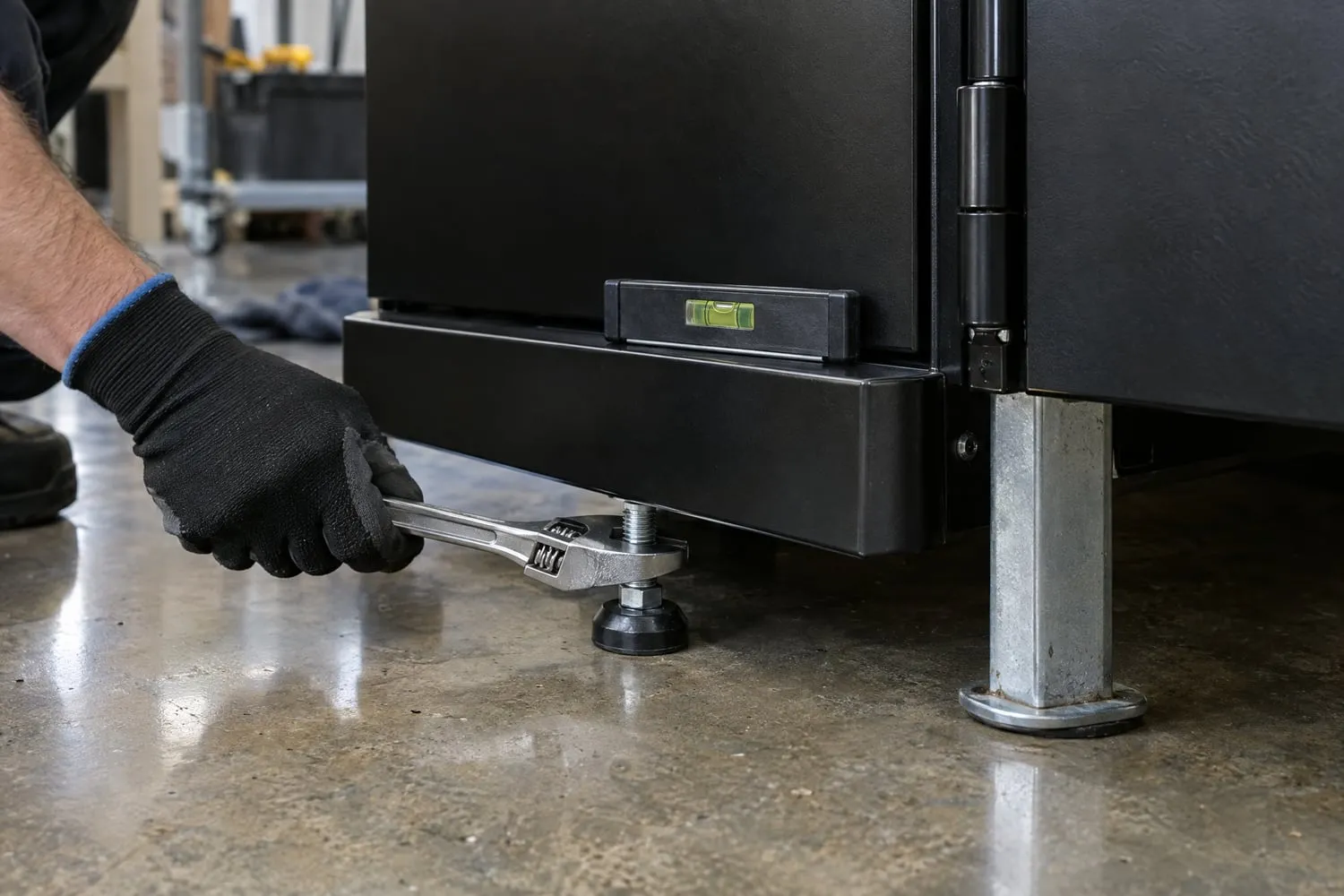 A gloved hand turns a vending machine's leveling foot with a wrench as a spirit level on the base shows it sitting level