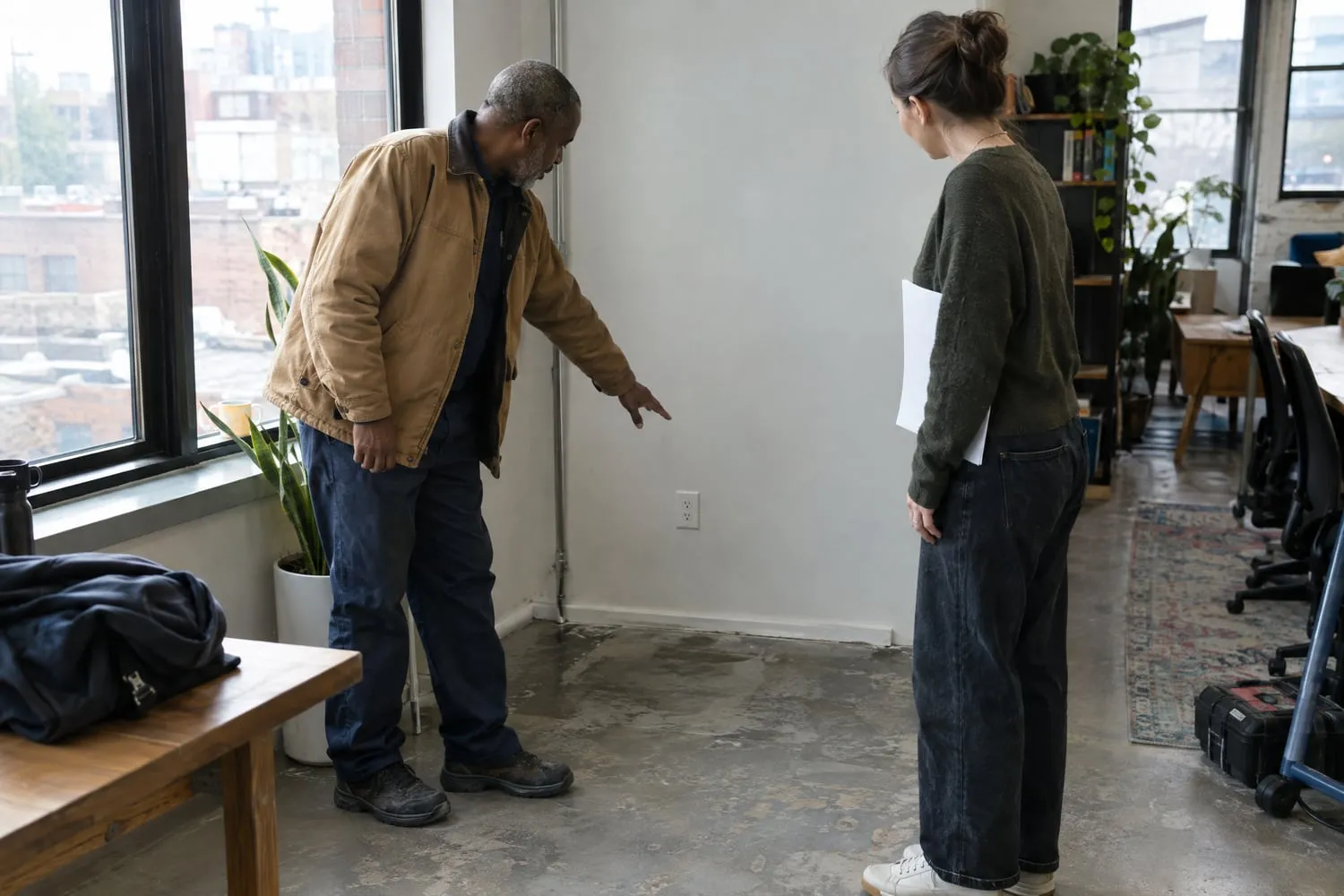 A vending installer points to a wall outlet beside the empty spot where a machine will stand as a co-working manager looks on
